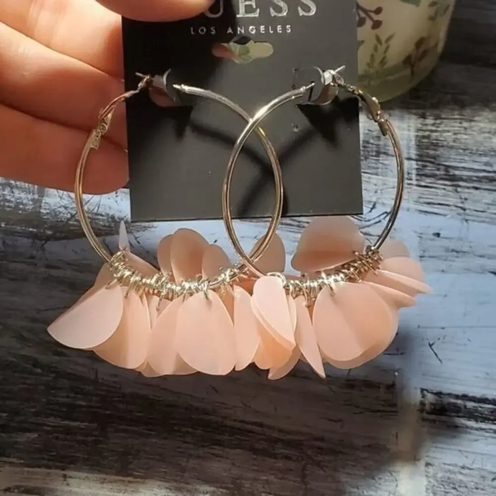 New Guess silver hoop pink flutter earrings‎